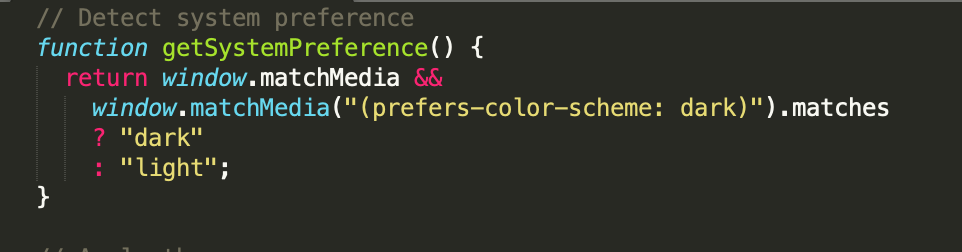screenshot of a javascript function using matchMedia to detect operating system colour preference